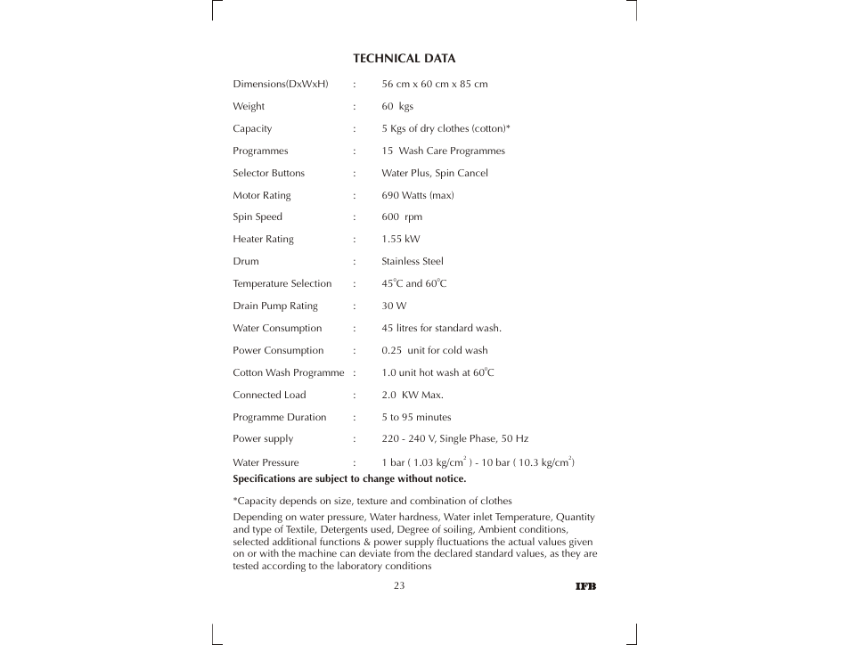 IFB Appliances SENORITA PLUS User Manual | Page 24 / 27