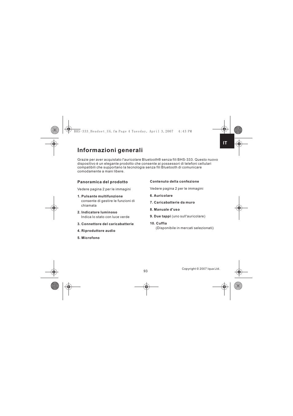 Informazioni generali | Iqua Bluetooth BHS-333 User Manual | Page 93 / 128