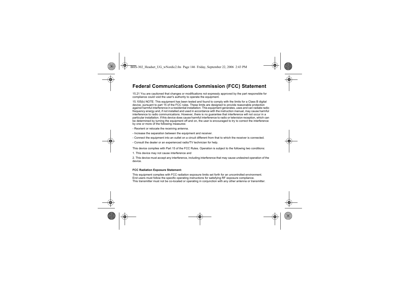 Federal communications commission (fcc) statement | Iqua BHS-302 User Manual | Page 146 / 148