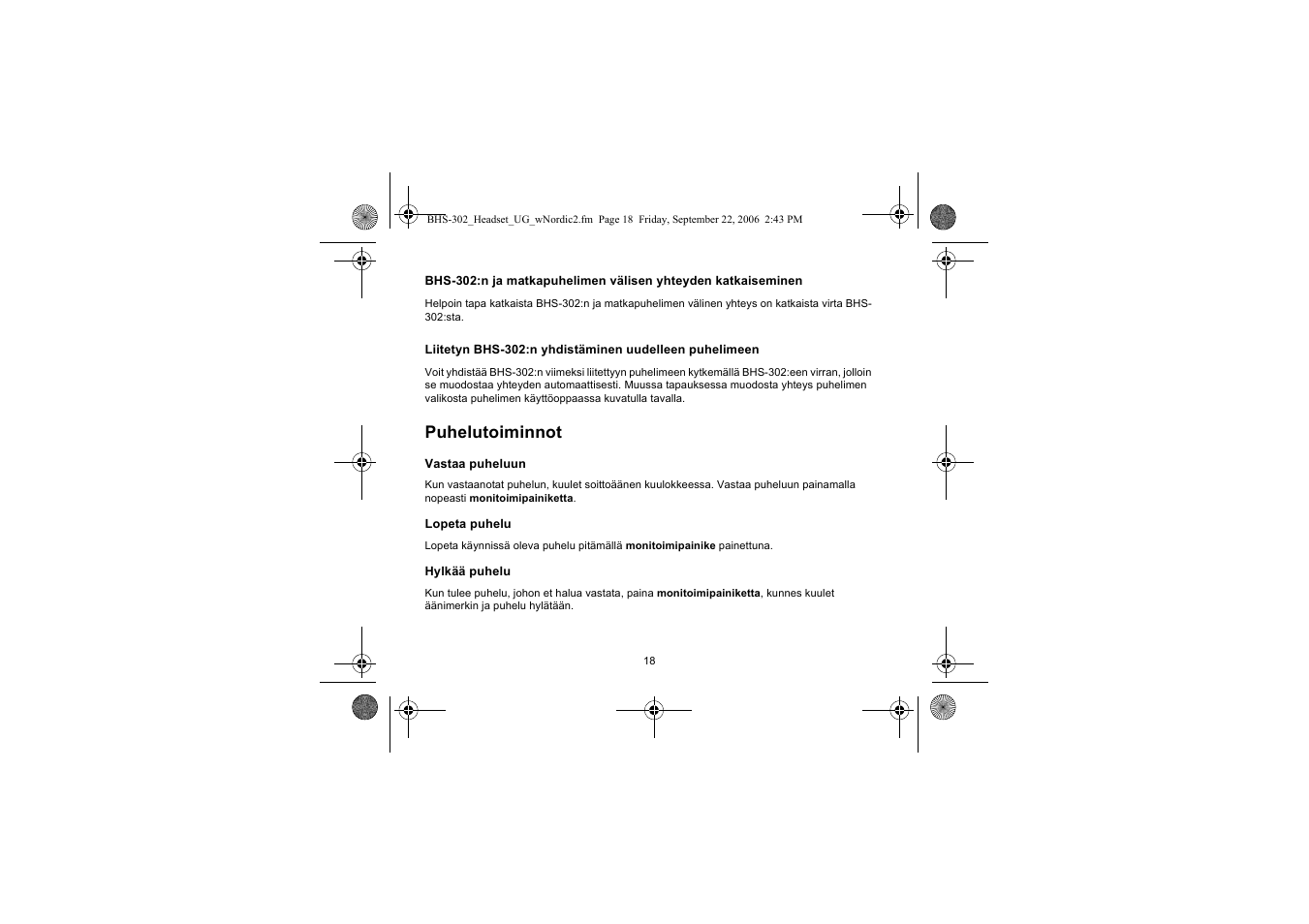 Puhelutoiminnot | Iqua BHS-302 User Manual | Page 18 / 148