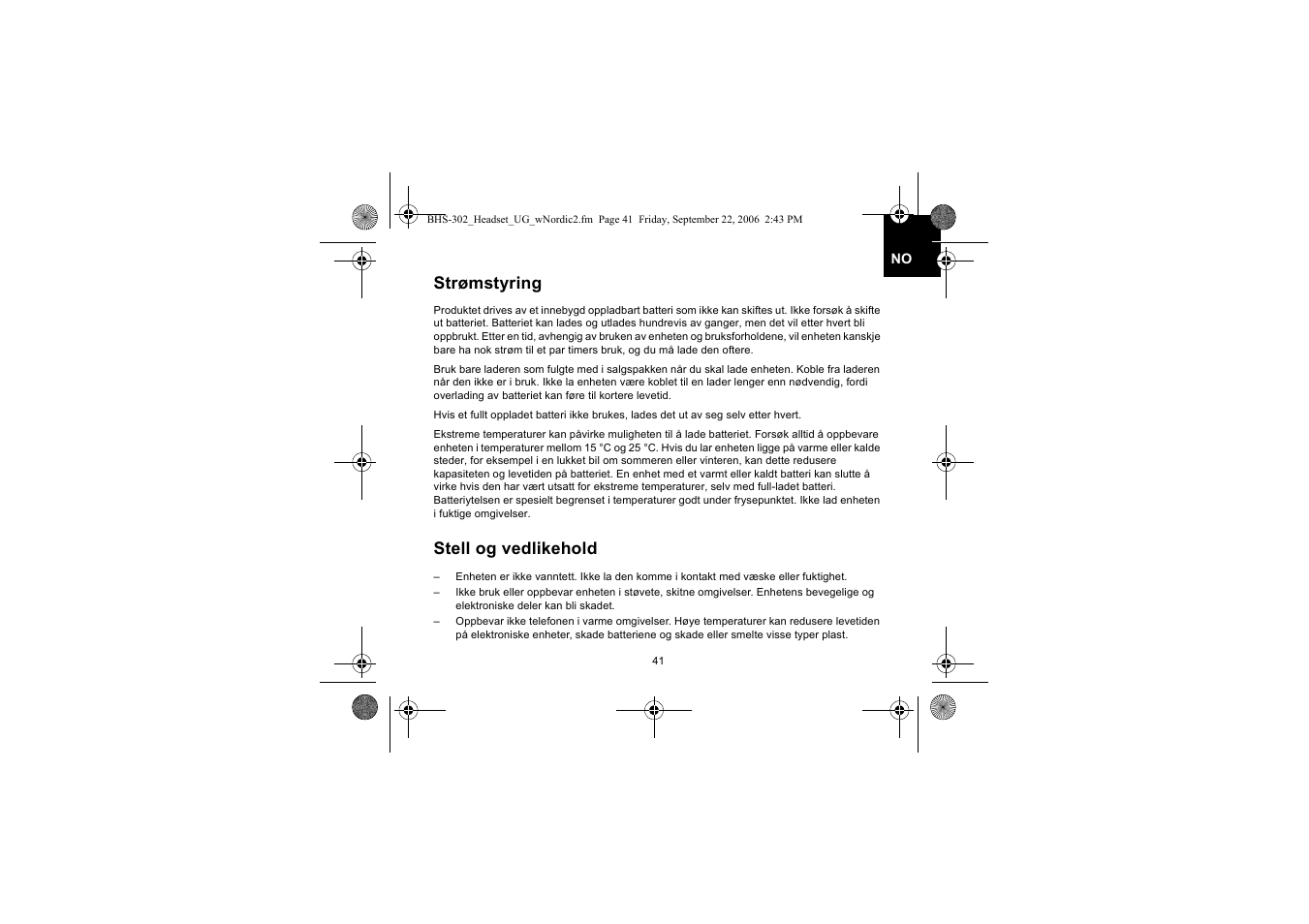 Strømstyring, Stell og vedlikehold | Iqua BHS-302 User Manual | Page 41 / 148