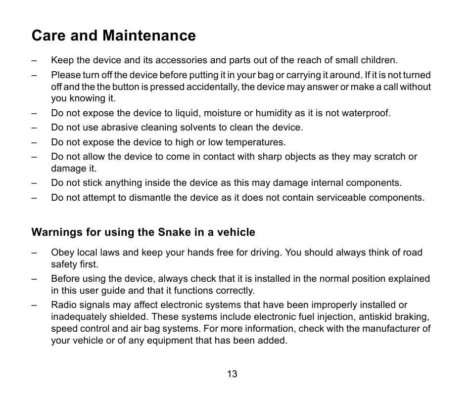 Care and maintenance | Iqua Snake Bluetooth Headrest Handsfree User Manual | Page 14 / 18