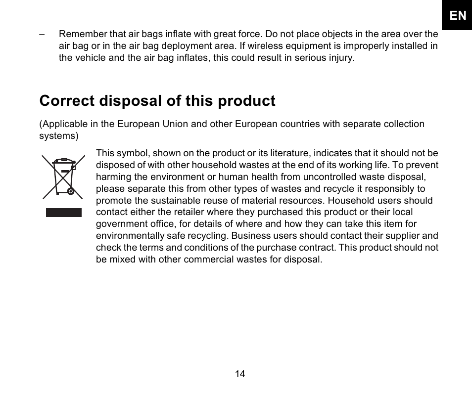 Correct disposal of this product | Iqua Snake Bluetooth Headrest Handsfree User Manual | Page 15 / 18