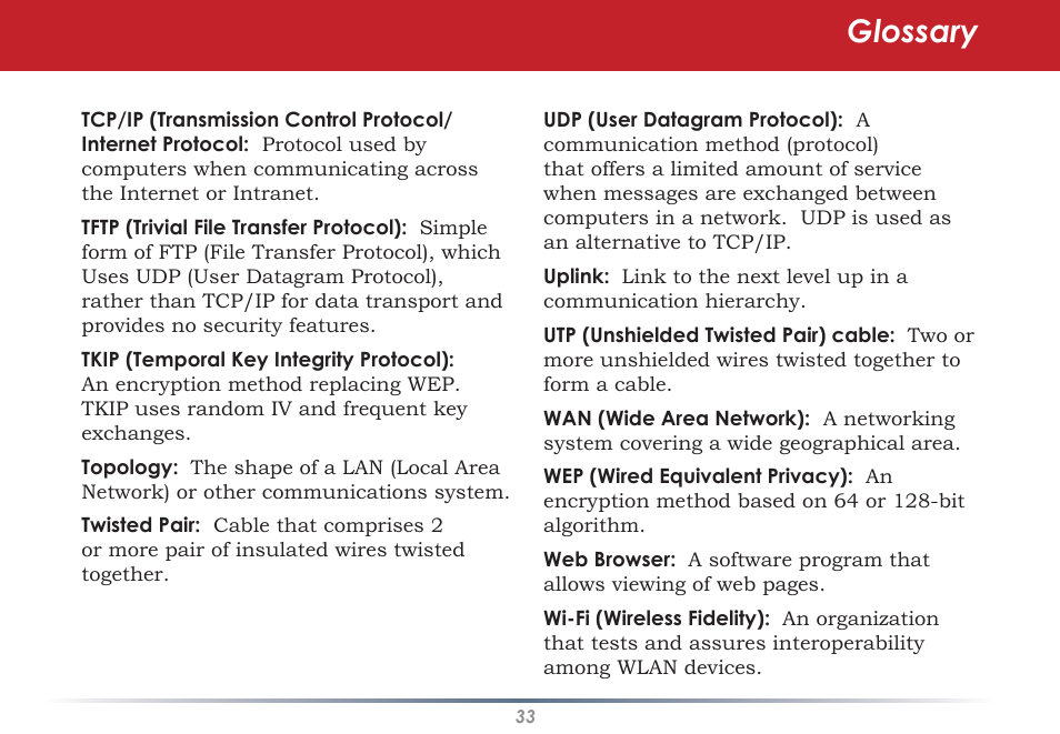 Glossary | Infinity Wireless USB Adapter WLI-U2-G300N User Manual | Page 33 / 43