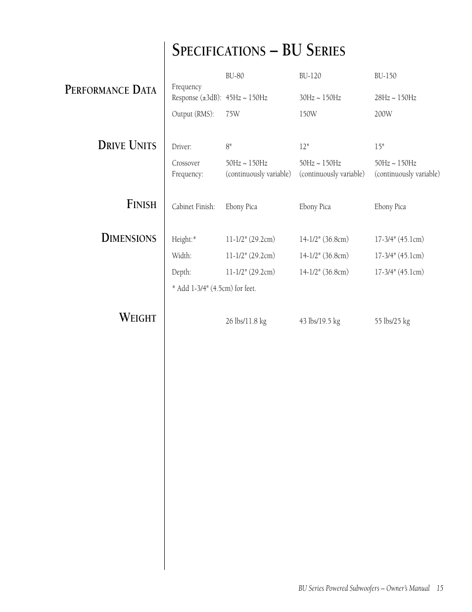 Bu s, Pecifications, Eries | Infinity BU-80 User Manual | Page 15 / 16