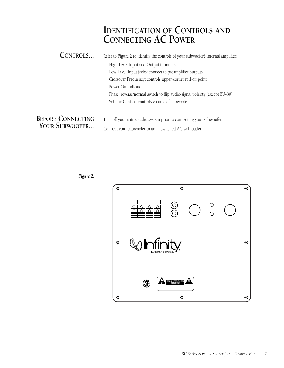Ac p, Dentification of, Ontrols and | Ower, Ontrols, Efore, Onnecting, Ubwoofer | Infinity BU-80 User Manual | Page 7 / 16