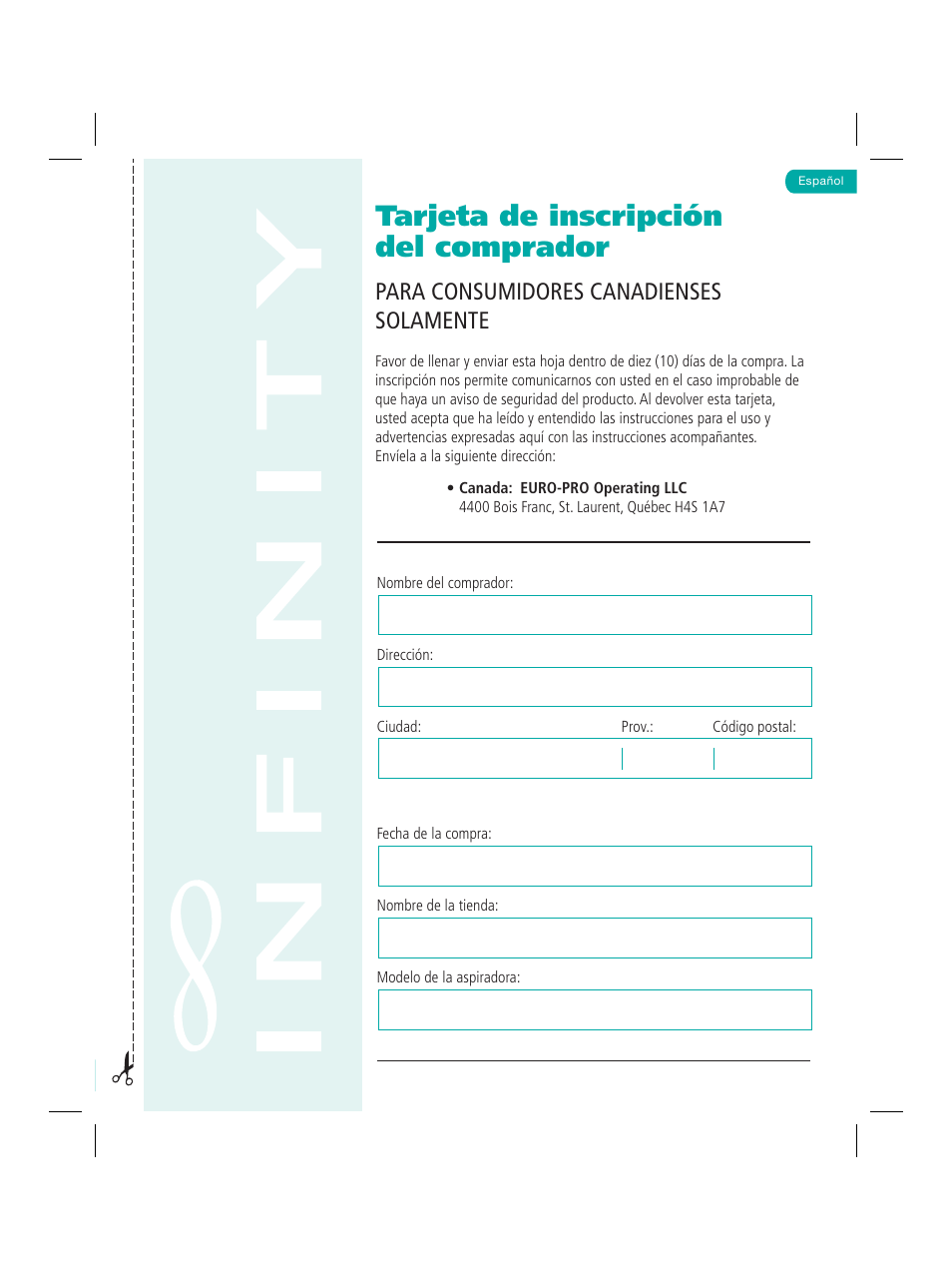 Tarjeta de inscripción del comprador, Para consumidores canadienses solamente | Infinity NV22Q User Manual | Page 37 / 56