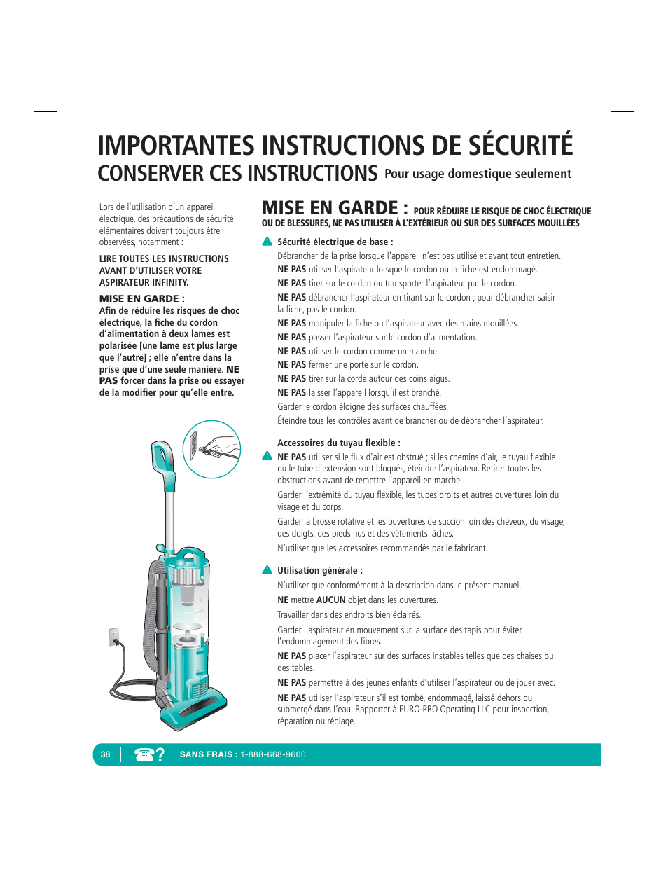 Importantes instructions de sécurité, Conserver ces instructions, Mise en garde | Infinity NV22Q User Manual | Page 40 / 56