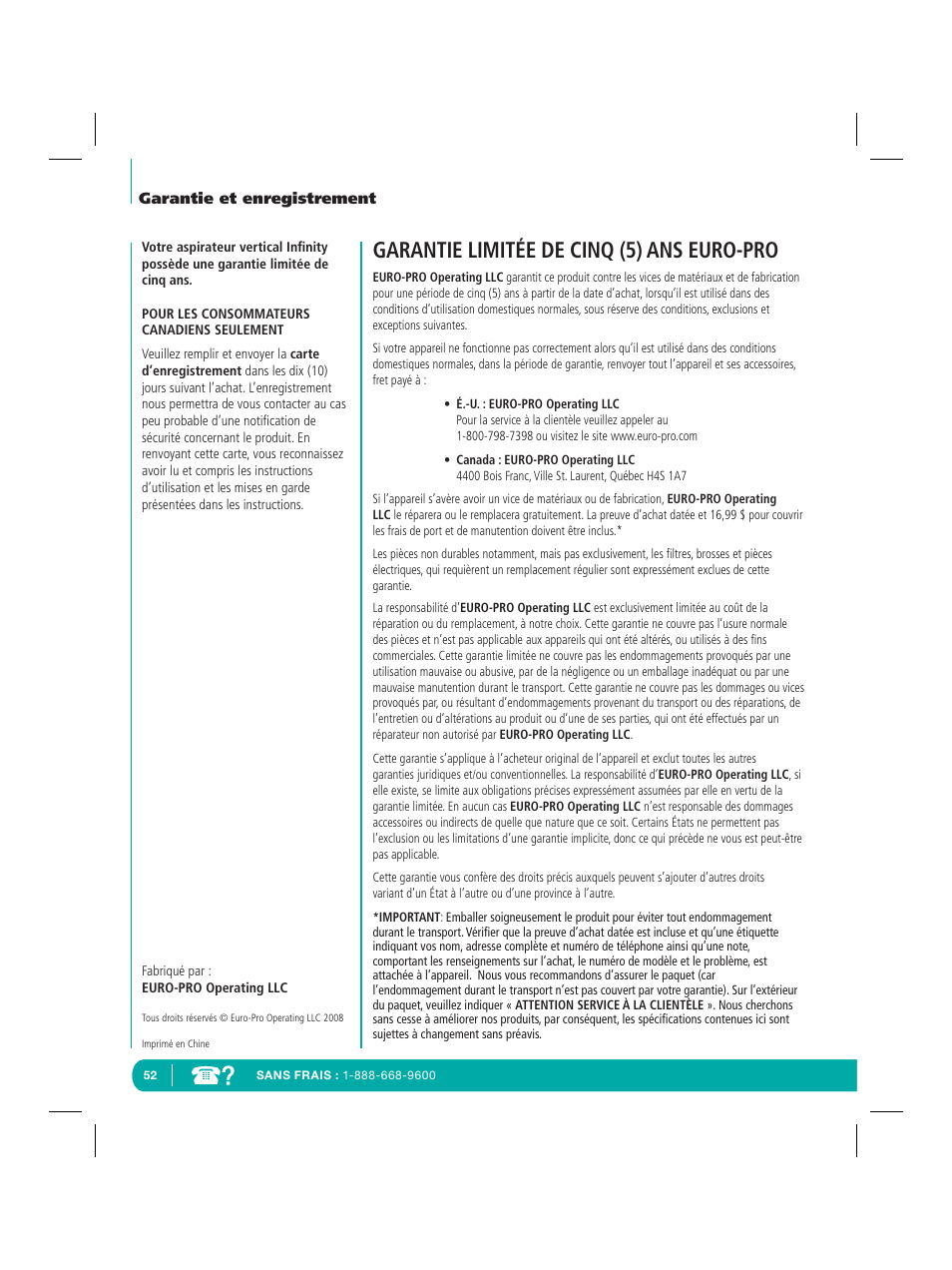 Garantie limitée de cinq (5) ans euro-pro | Infinity NV22Q User Manual | Page 54 / 56