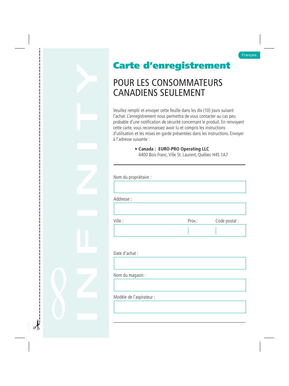 Pour les consommateurs canadiens seulement, Carte d’enregistrement | Infinity NV22Q User Manual | Page 55 / 56