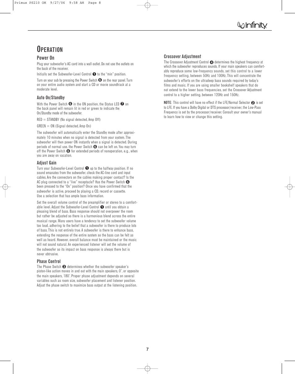 Operation….……………………………………………..….7, Peration, Aintenance and | Ervice | Infinity PS210 User Manual | Page 8 / 19