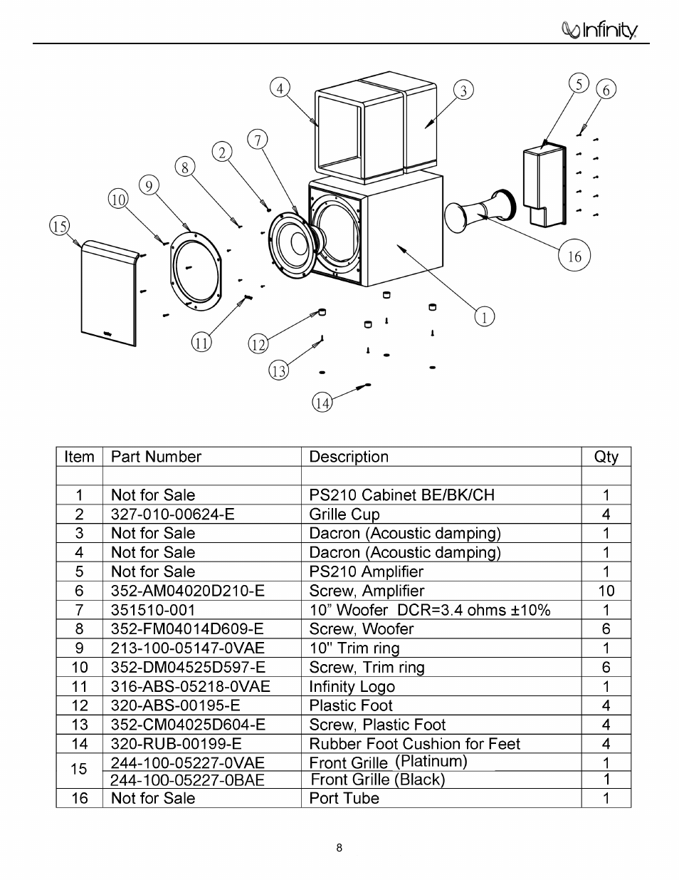 Exploded view/parts list …………….….…....……8 | Infinity PS210 User Manual | Page 9 / 19