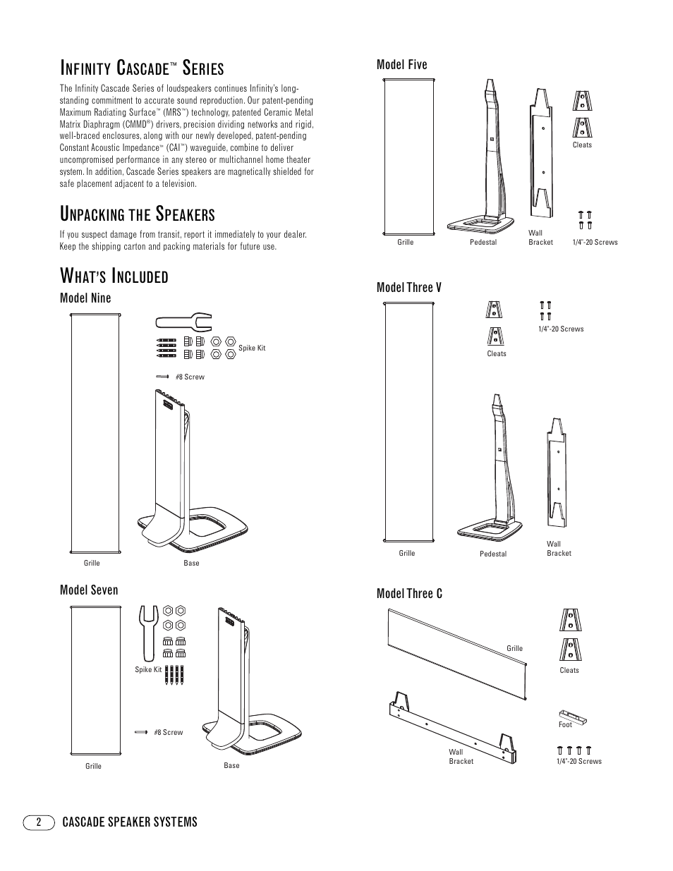 Nfinity, Ascade, Eries | Npacking the, Peakers, Ncluded | Infinity CascadeTM Three V User Manual | Page 2 / 8