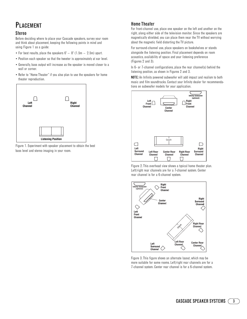 Lacement, Cascade speaker systems, Stereo | Home theater | Infinity CascadeTM Three V User Manual | Page 3 / 8