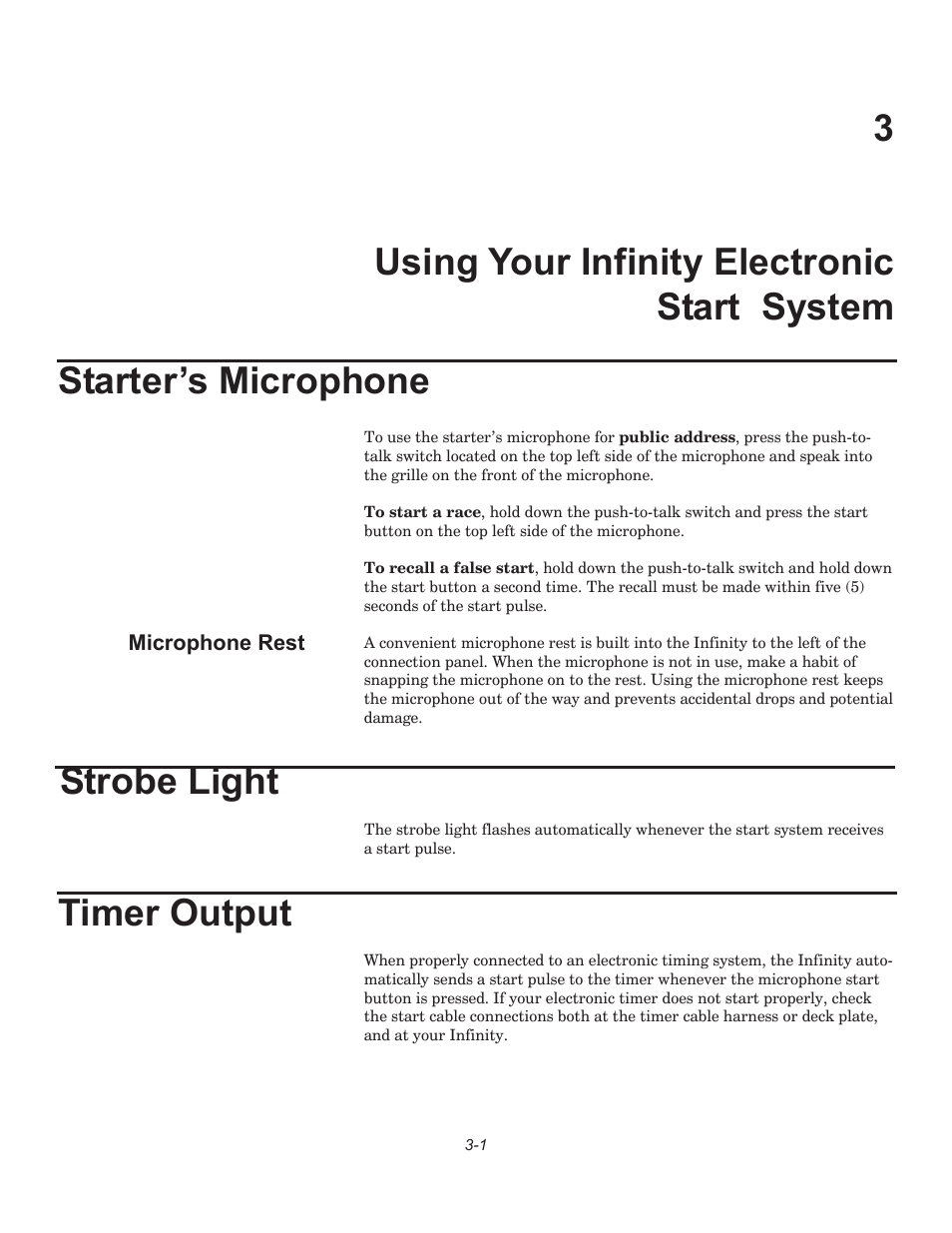 3using your infinity electronic start system, Starter’s microphone strobe light timer output | Infinity F849 User Manual | Page 13 / 20