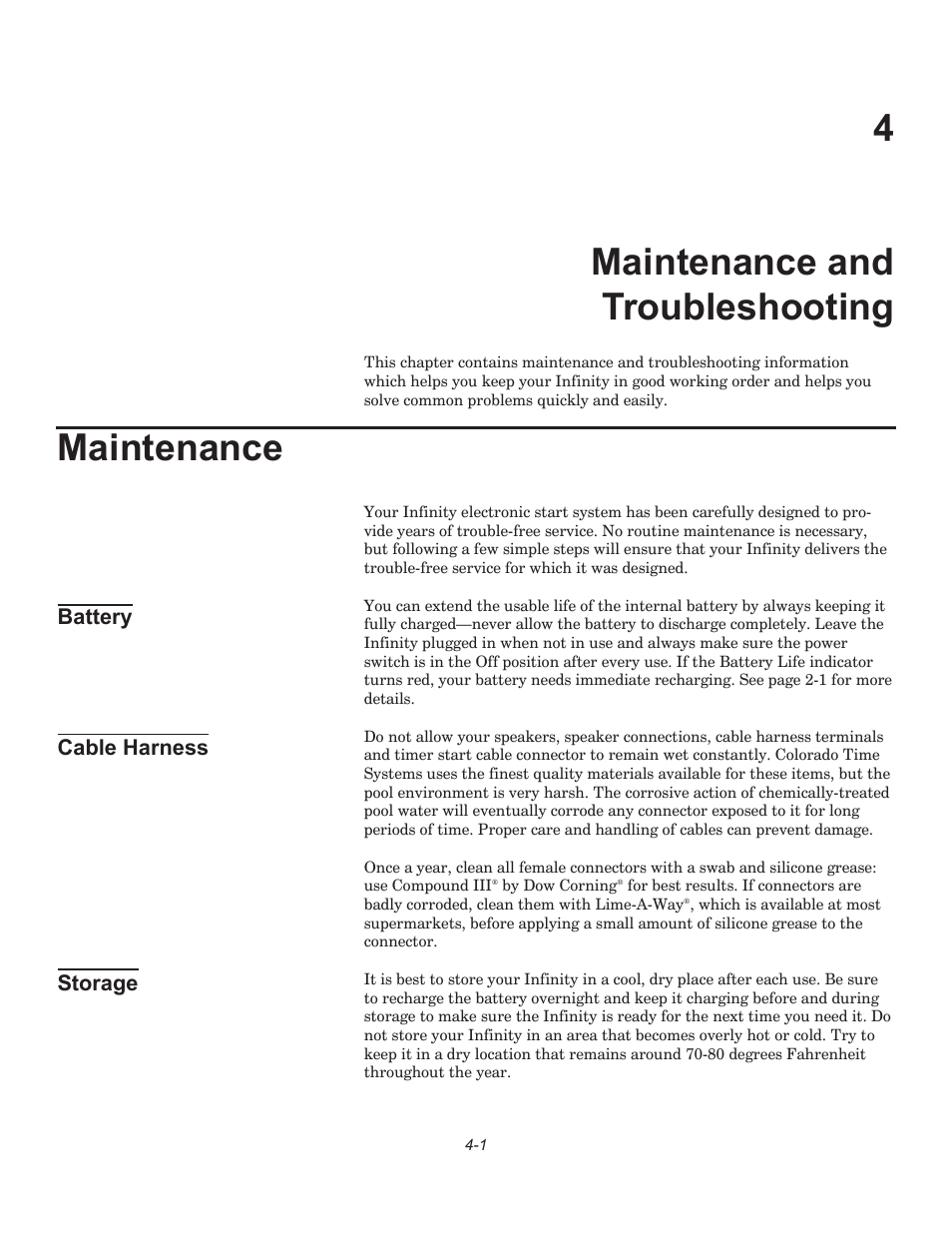 4maintenance and troubleshooting, Maintenance, Battery cable harness storage | Infinity F849 User Manual | Page 15 / 20