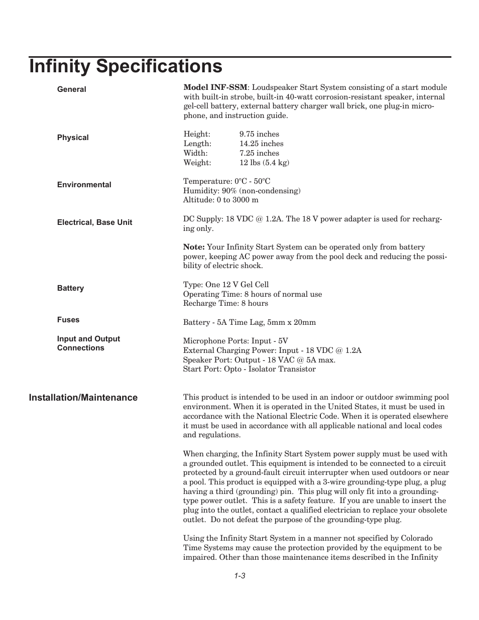 Infinity specifications | Infinity F849 User Manual | Page 7 / 20