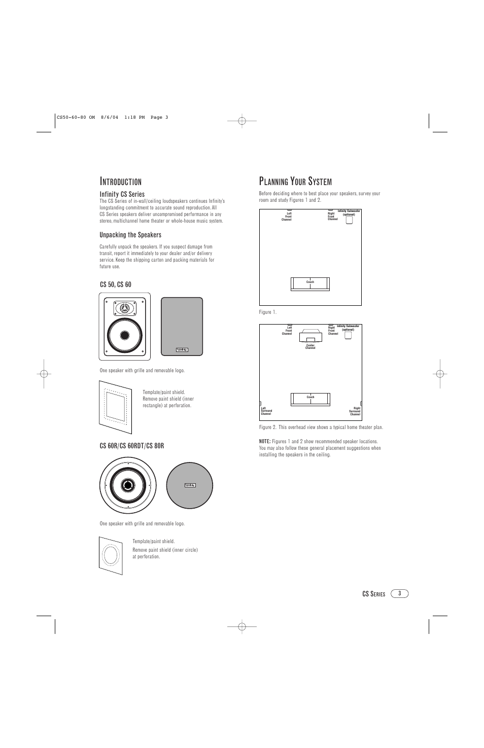 Ntroduction, Lanning, Ystem | Cs s, Infinity cs series, Unpacking the speakers, Cs 50, cs 60 | Infinity CS80R User Manual | Page 3 / 8
