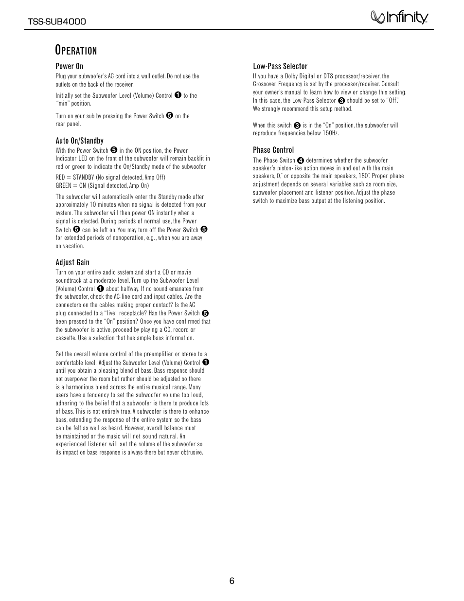 Operation, Peration | Infinity TSS-SUB4000 User Manual | Page 7 / 32