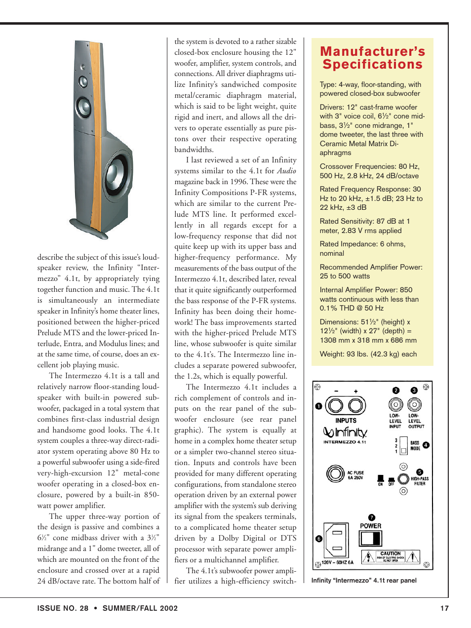 Manufacturer’s specifications | Infinity 4.1t User Manual | Page 2 / 7