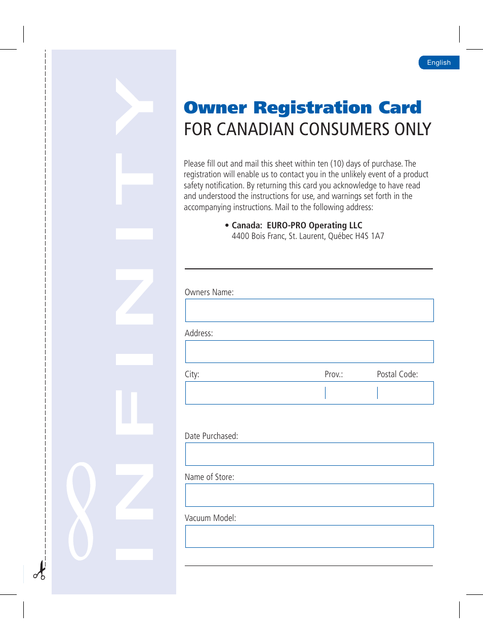 For canadian consumers only, Owner registration card | Infinity NV30K User Manual | Page 18 / 19
