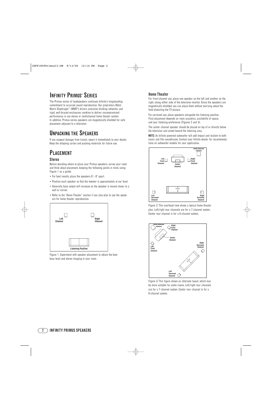 Nfinity, Rimus, Eries | Npacking the, Peakers, Lacement, Stereo, Home theater, Infinity primus speakers | Infinity PRIMUS PC250 User Manual | Page 2 / 8