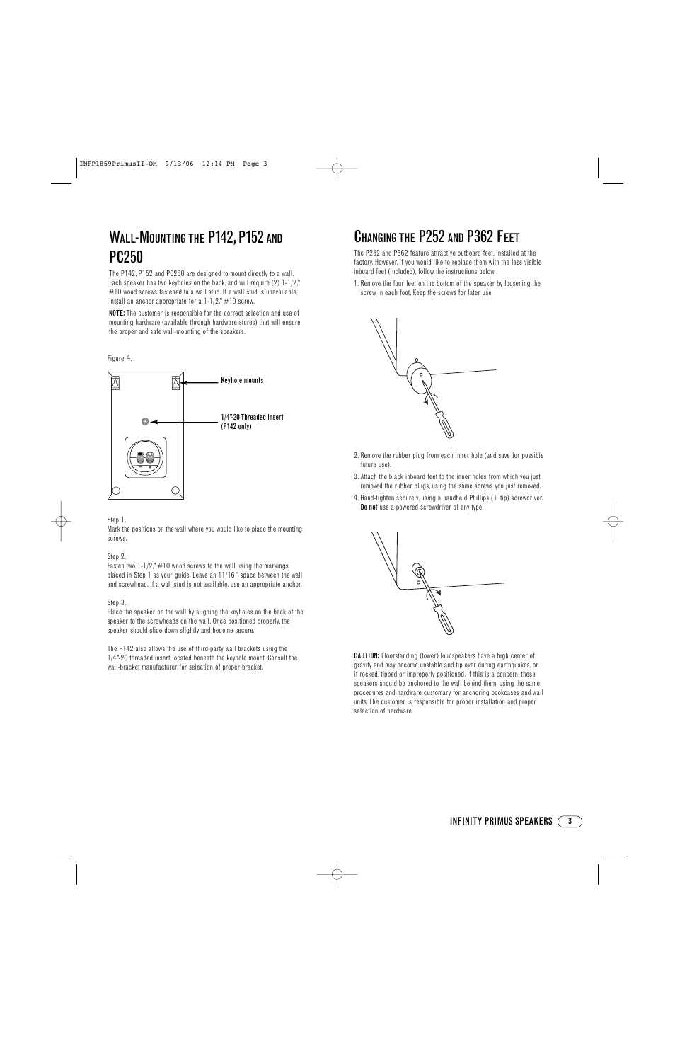 Pc250, P252, P362 f | Ounting the, Hanging the | Infinity PRIMUS PC250 User Manual | Page 3 / 8