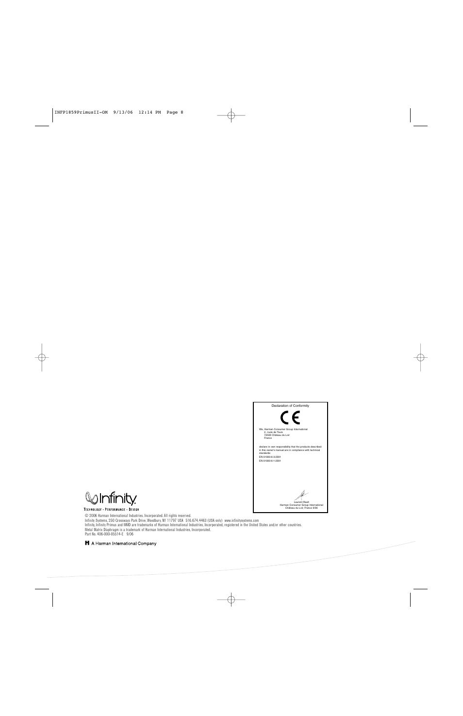Infinity PRIMUS PC250 User Manual | Page 8 / 8