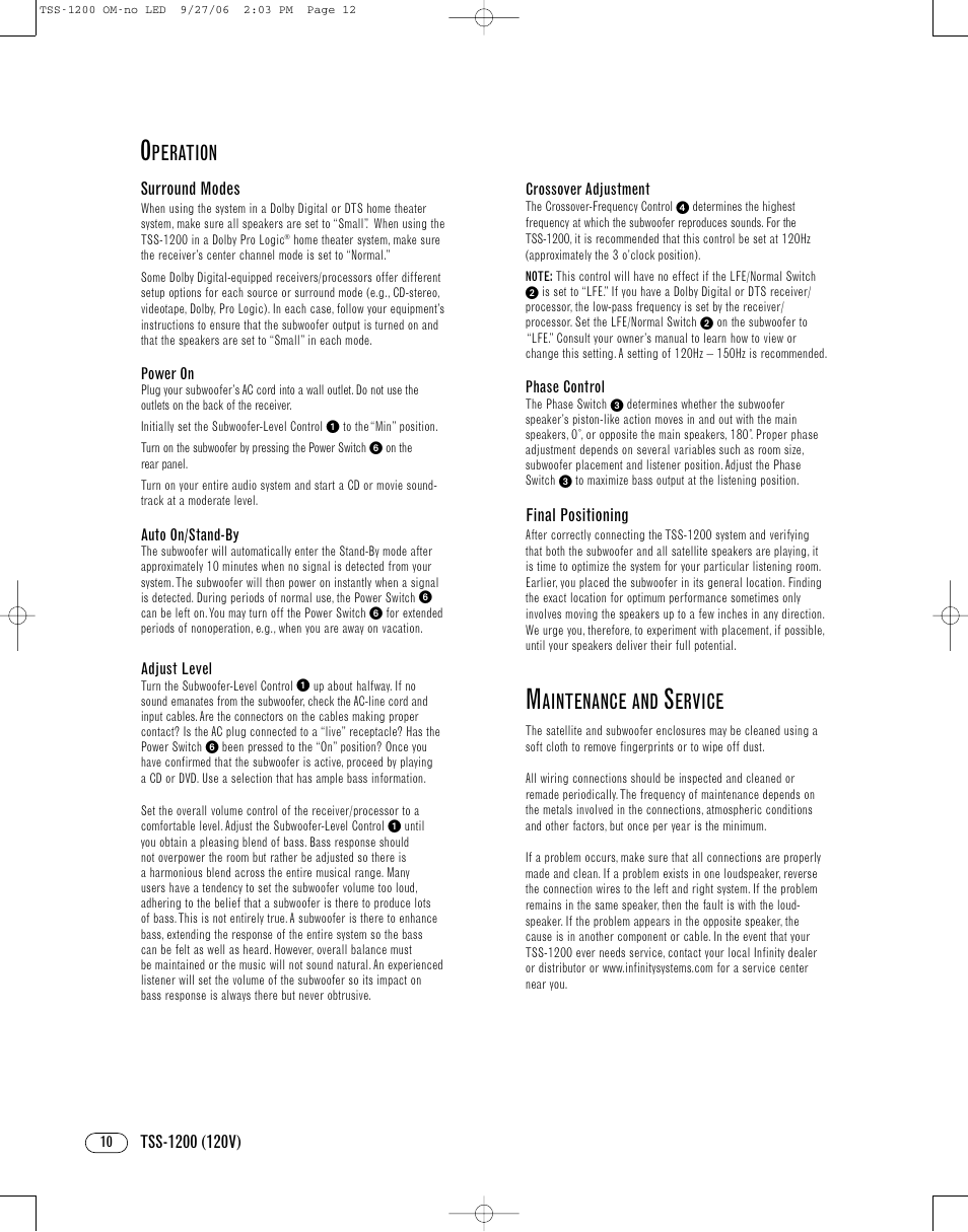 Peration, Aintenance and, Ervice | Infinity TSS1200 User Manual | Page 10 / 12