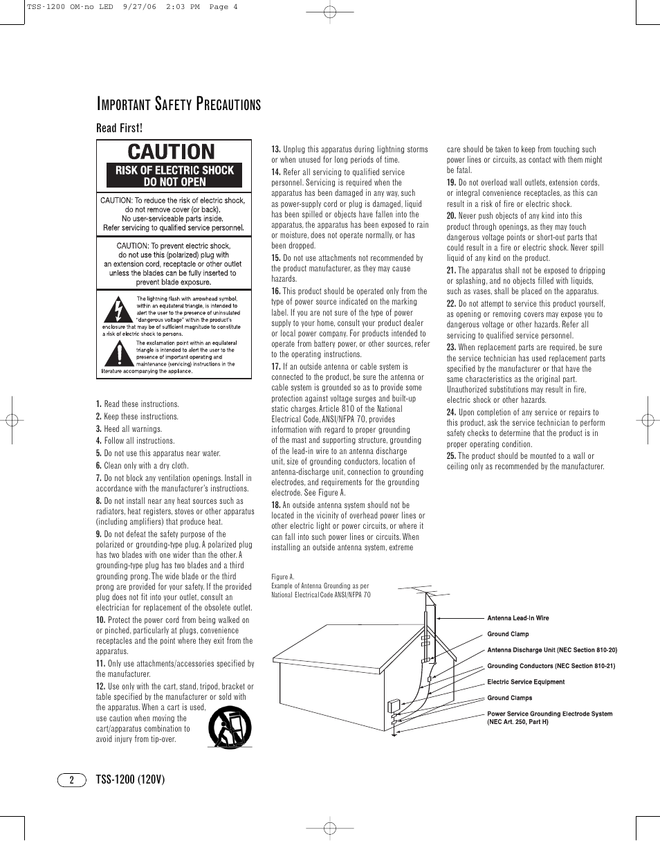 Mportant, Afety, Recautions | Infinity TSS1200 User Manual | Page 2 / 12