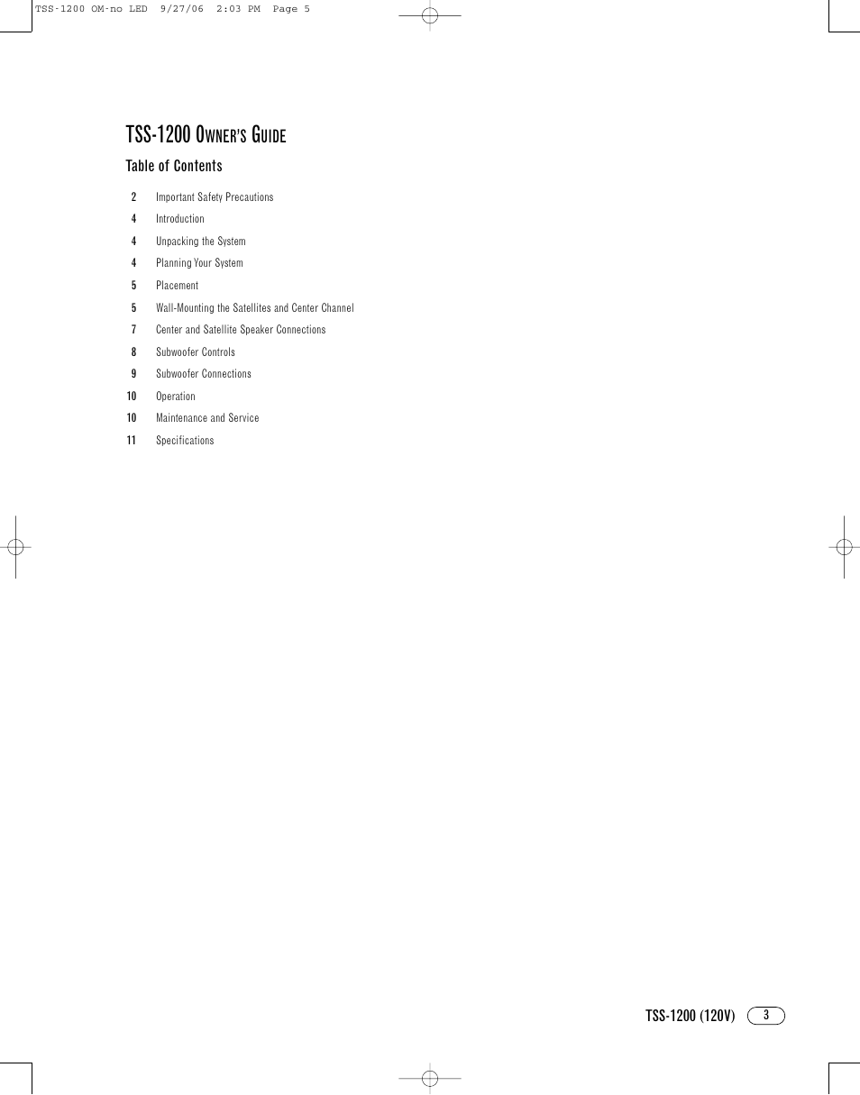 Tss-1200 o, Wner, Uide | Infinity TSS1200 User Manual | Page 3 / 12