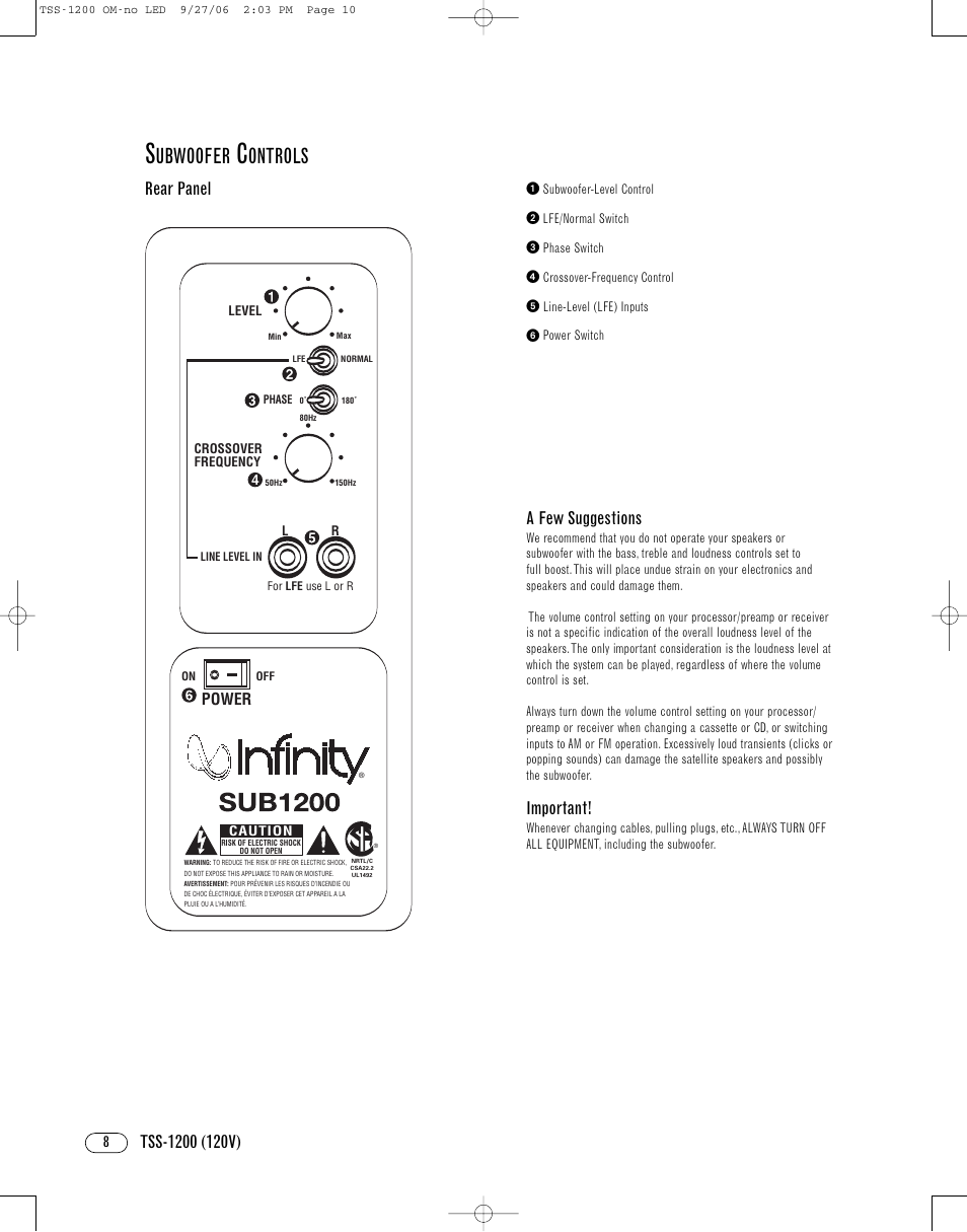 Ubwoofer, Ontrols, Rear panel | A few suggestions, Important, Power | Infinity TSS1200 User Manual | Page 8 / 12