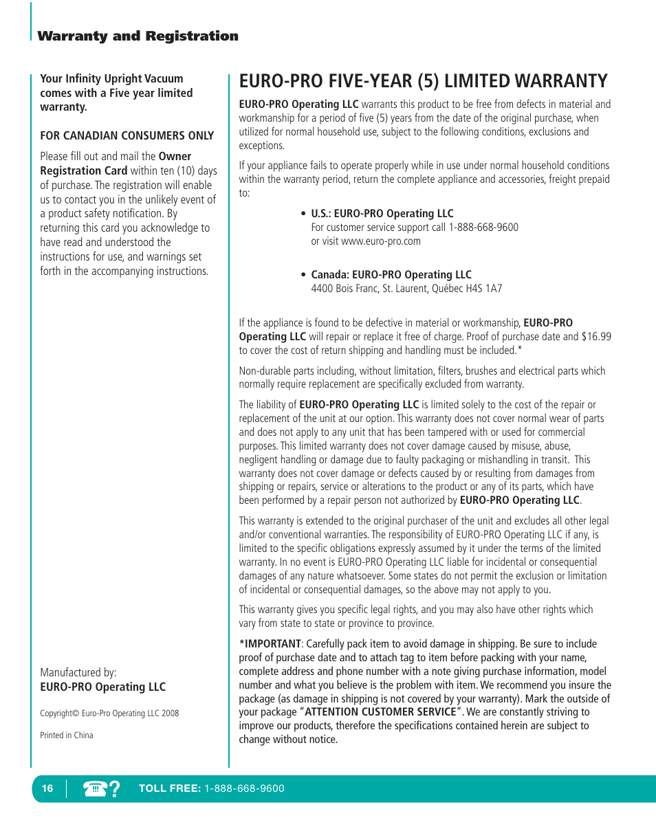 Euro-pro five-year (5) limited warranty | Infinity NV22T User Manual | Page 17 / 53