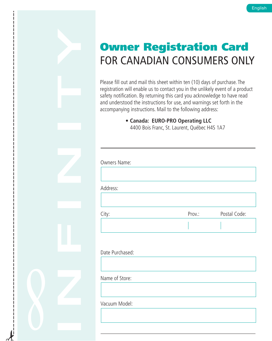 For canadian consumers only, Owner registration card | Infinity NV22T User Manual | Page 18 / 53
