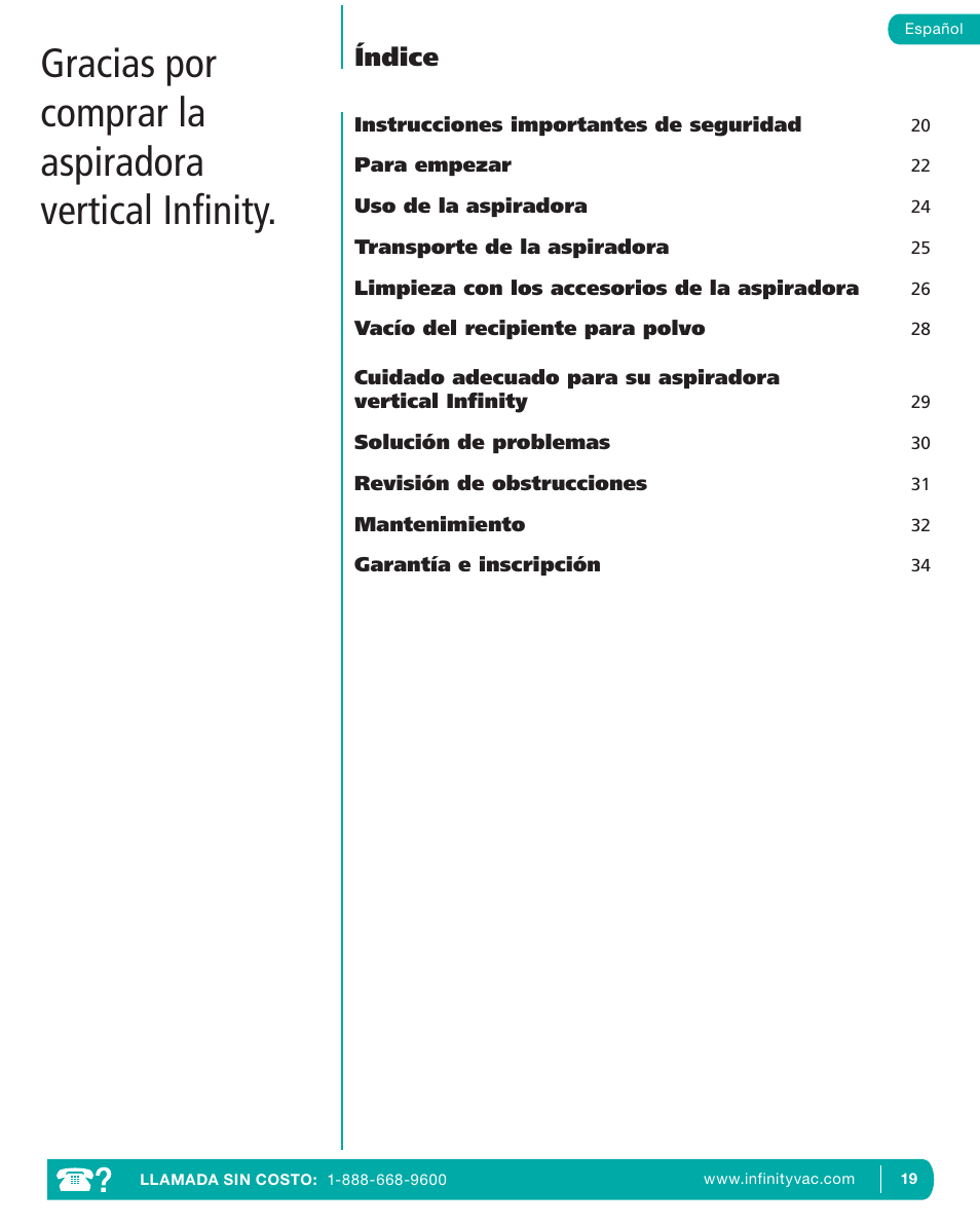 Gracias por comprar la aspiradora vertical inﬁnity, Índice | Infinity NV22T User Manual | Page 19 / 53