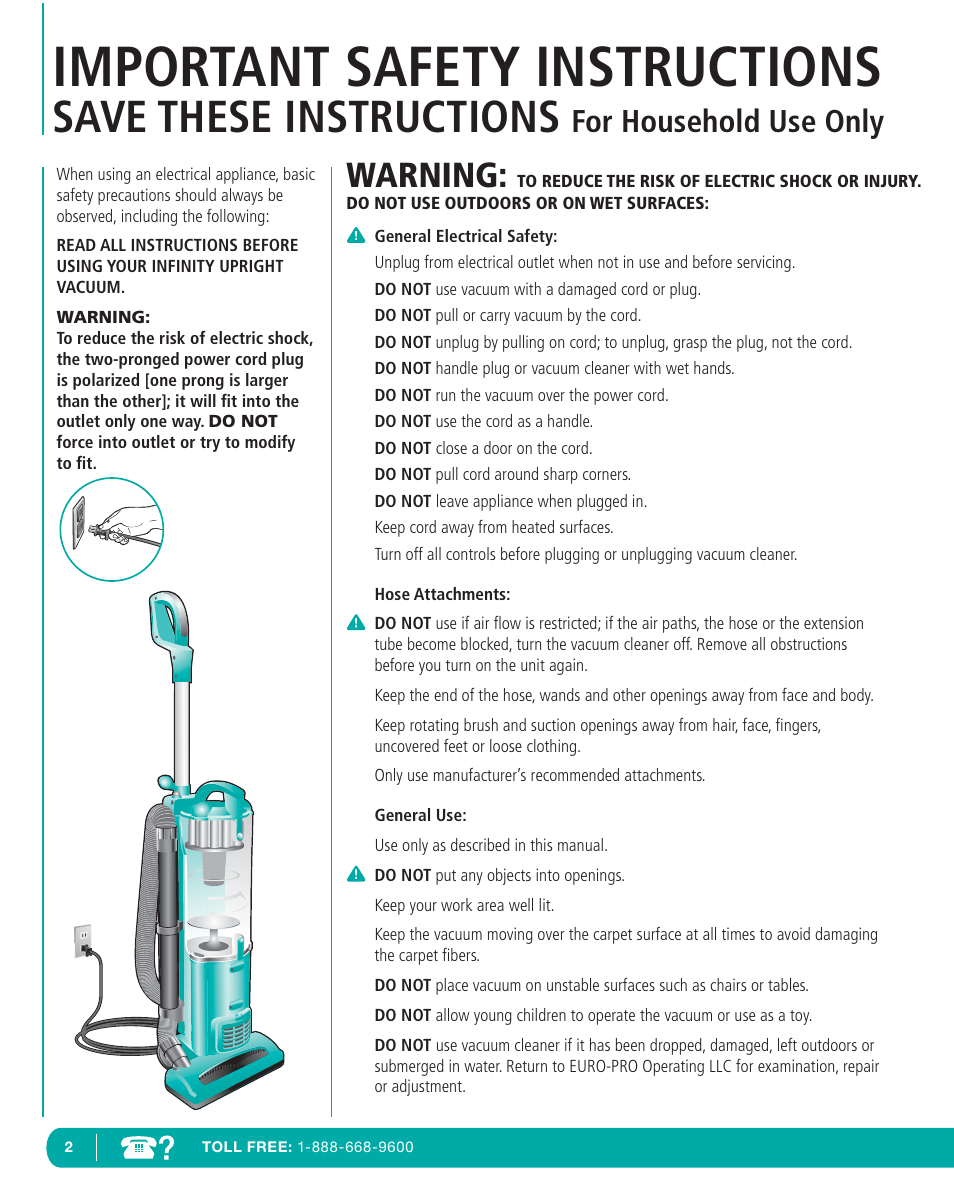 Important safety instructions, Save these instructions, Warning | For household use only | Infinity NV22T User Manual | Page 3 / 53