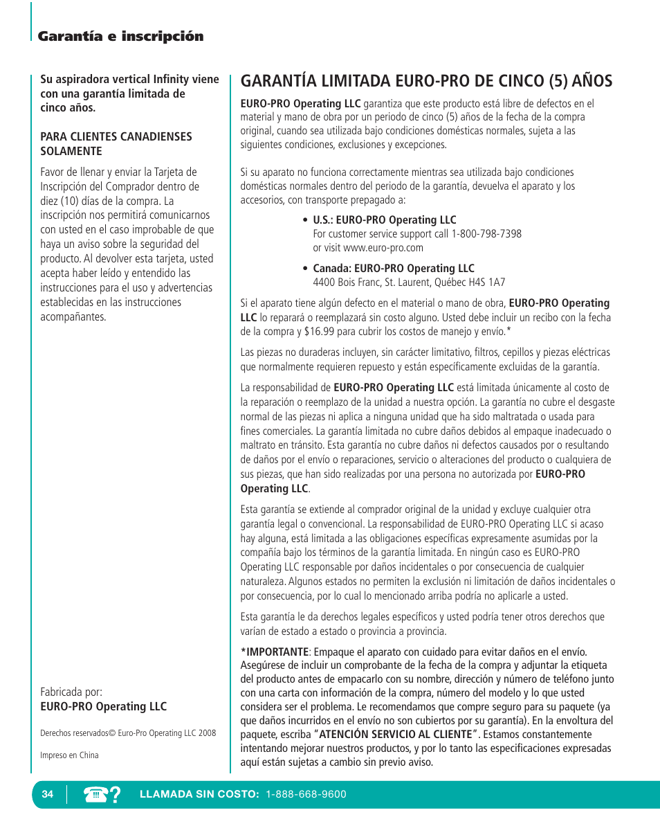 Garantía limitada euro-pro de cinco (5) años | Infinity NV22T User Manual | Page 34 / 53