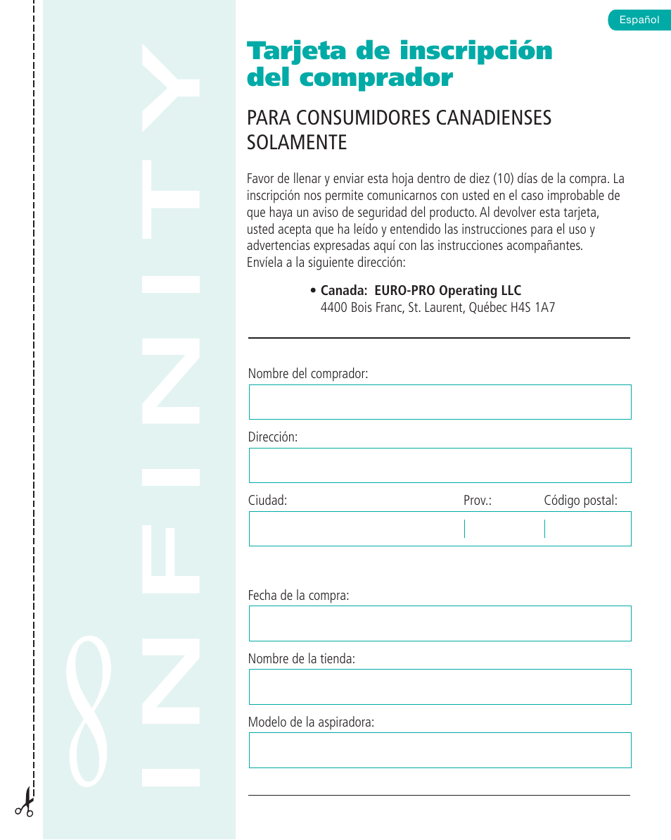 Tarjeta de inscripción del comprador, Para consumidores canadienses solamente | Infinity NV22T User Manual | Page 35 / 53