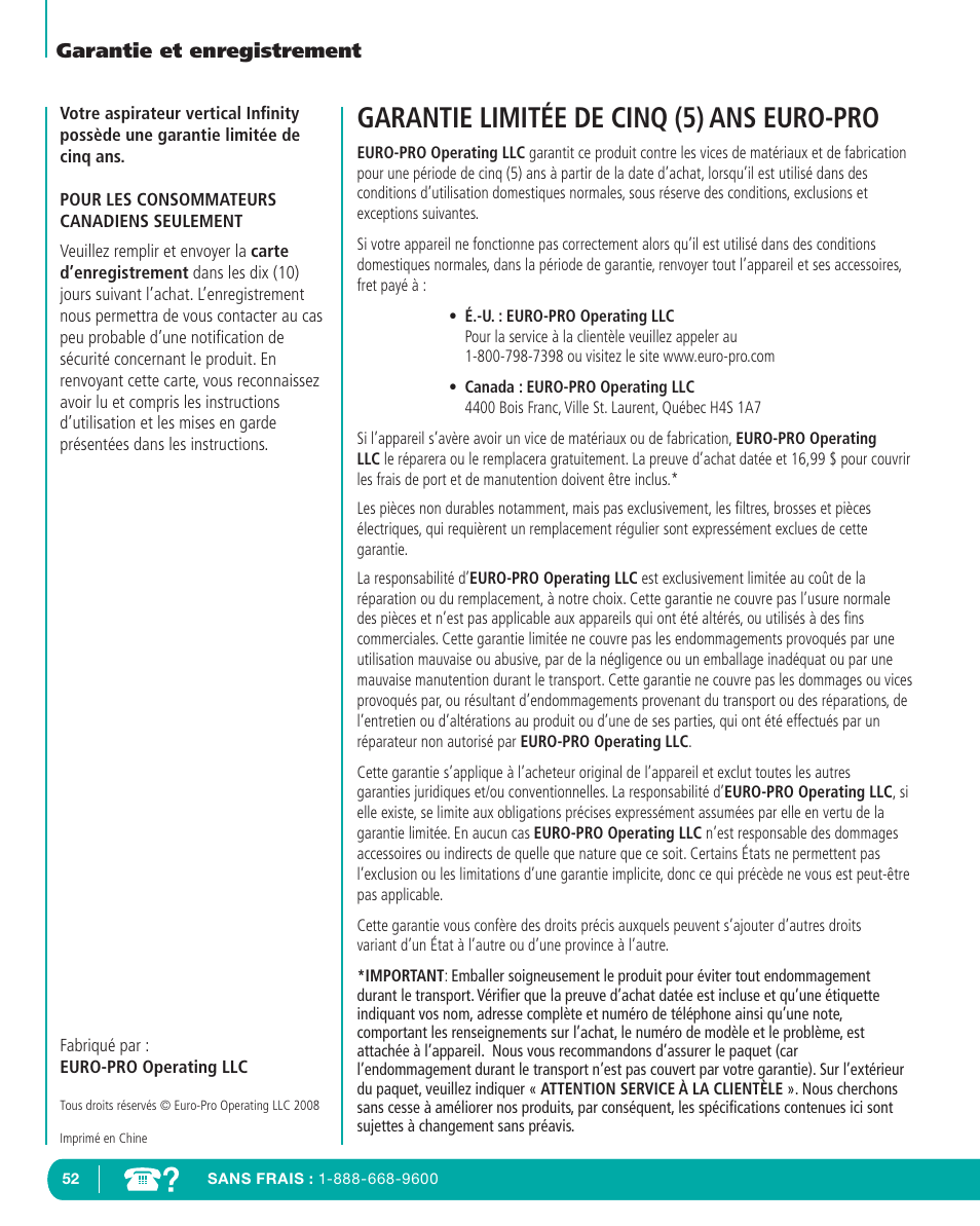 Garantie limitée de cinq (5) ans euro-pro | Infinity NV22T User Manual | Page 51 / 53