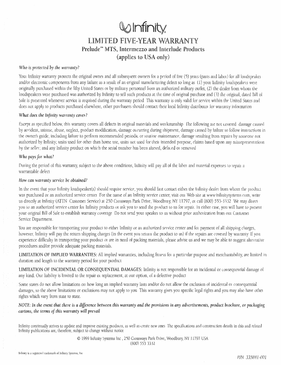 Warranty info | Infinity INTERLUDE 108IL40B User Manual | Page 9 / 11