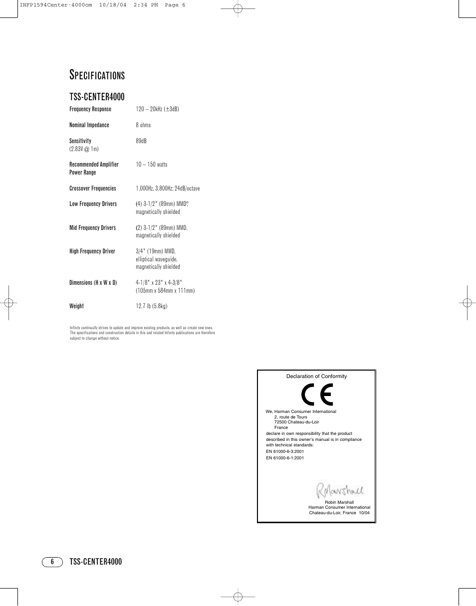 Pecifications tss-center4000, Tss-center4000 | Infinity TSS-CENTER4000 User Manual | Page 6 / 8