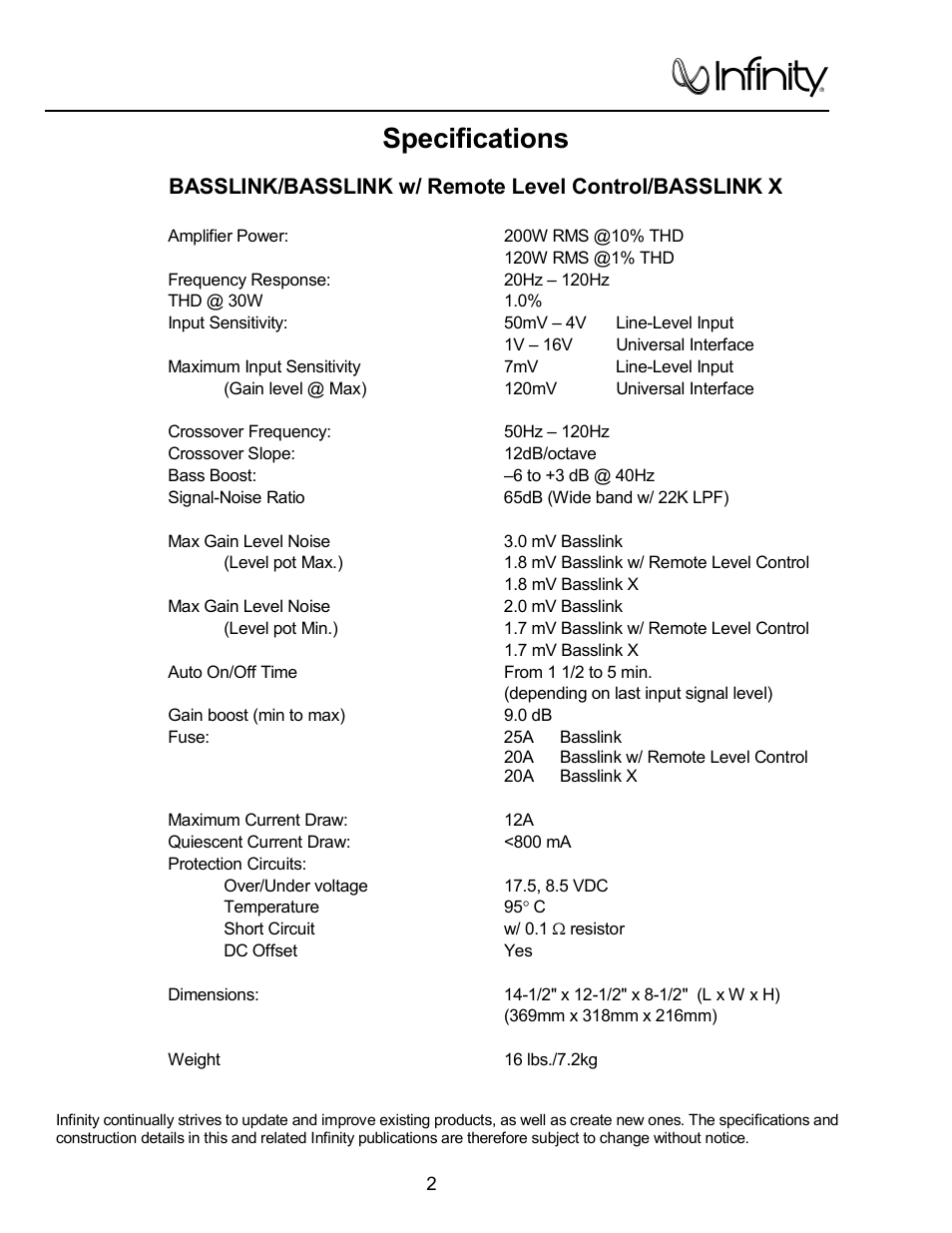 Specifications …………………………………………..……………2, Basslink/basslink x, Specifications | Infinity Bass Link User Manual | Page 3 / 56