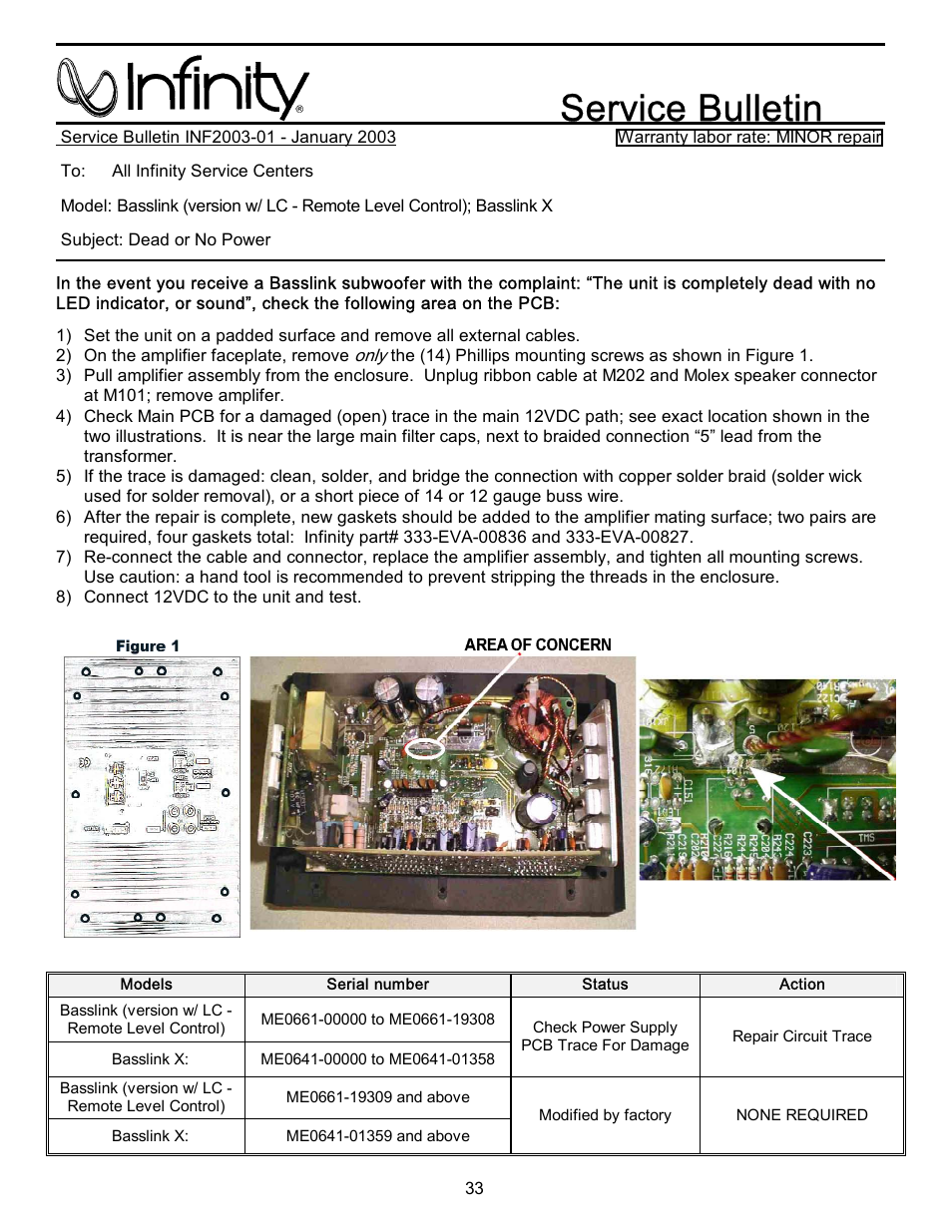 Service bulletin inf2003-01 ………………………………………33, Service bulletin | Infinity Bass Link User Manual | Page 34 / 56