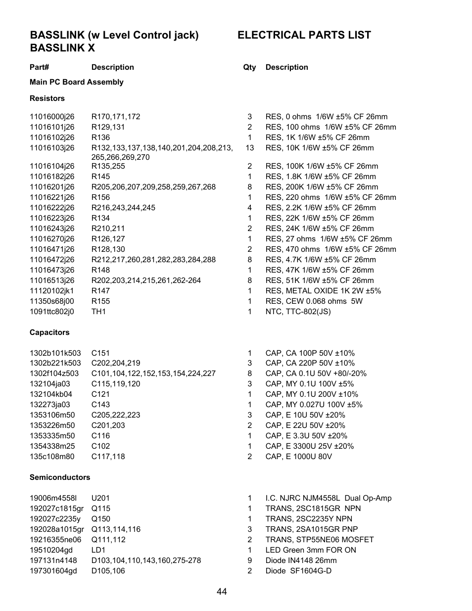 Electrical parts list ………………………………………………44 | Infinity Bass Link User Manual | Page 45 / 56