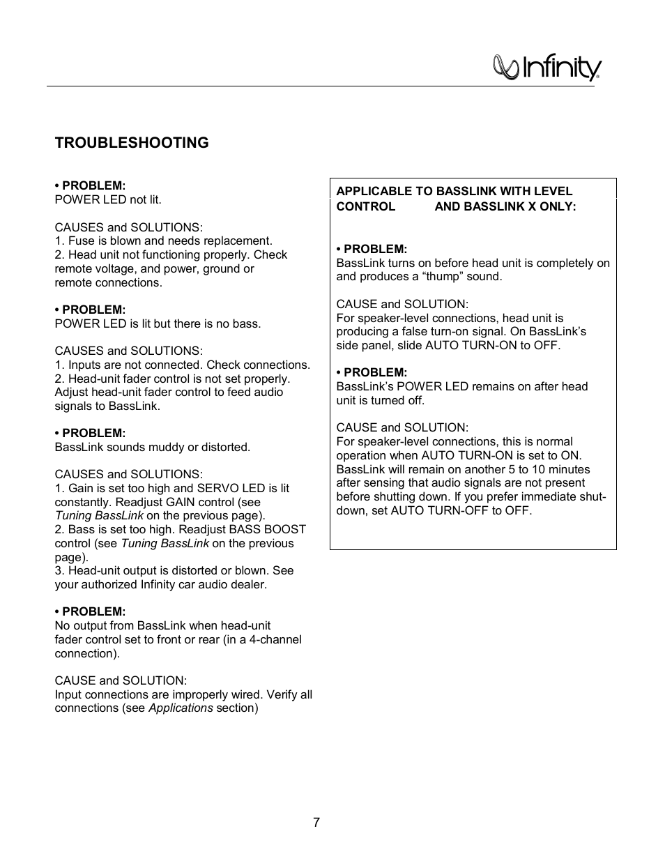 Troubleshooting ……………………………………………………7, Basslink/basslink x | Infinity Bass Link User Manual | Page 8 / 56