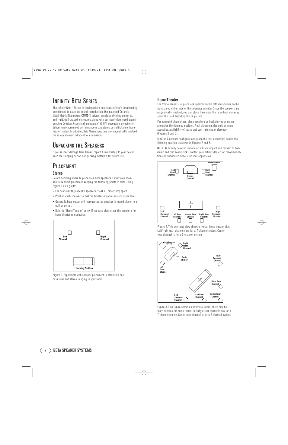 Nfinity, Eries, Npacking the | Peakers, Lacement, Stereo, Home theater, Beta speaker systems | Infinity Beta 50 User Manual | Page 2 / 8