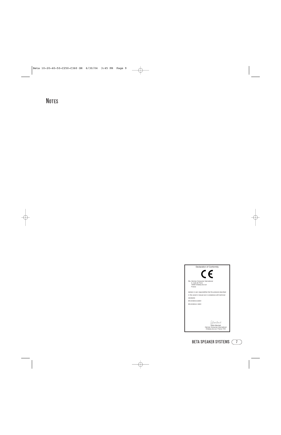 Otes, Beta speaker systems | Infinity Beta 50 User Manual | Page 7 / 8