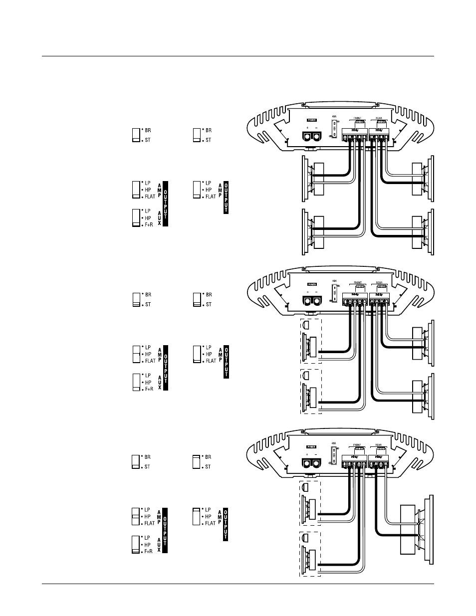 Kappa 54a, Set front mode to stereo, Set front filters to flat & f+r (on aux) | Set rear mode to stereo, Set rear filter to flat, Rear panel), Set front filters to hp & f+r (on aux), Set rear mode to bridge, Set rear filter to lp | Infinity Kappa 54a 4-Ch User Manual | Page 3 / 8