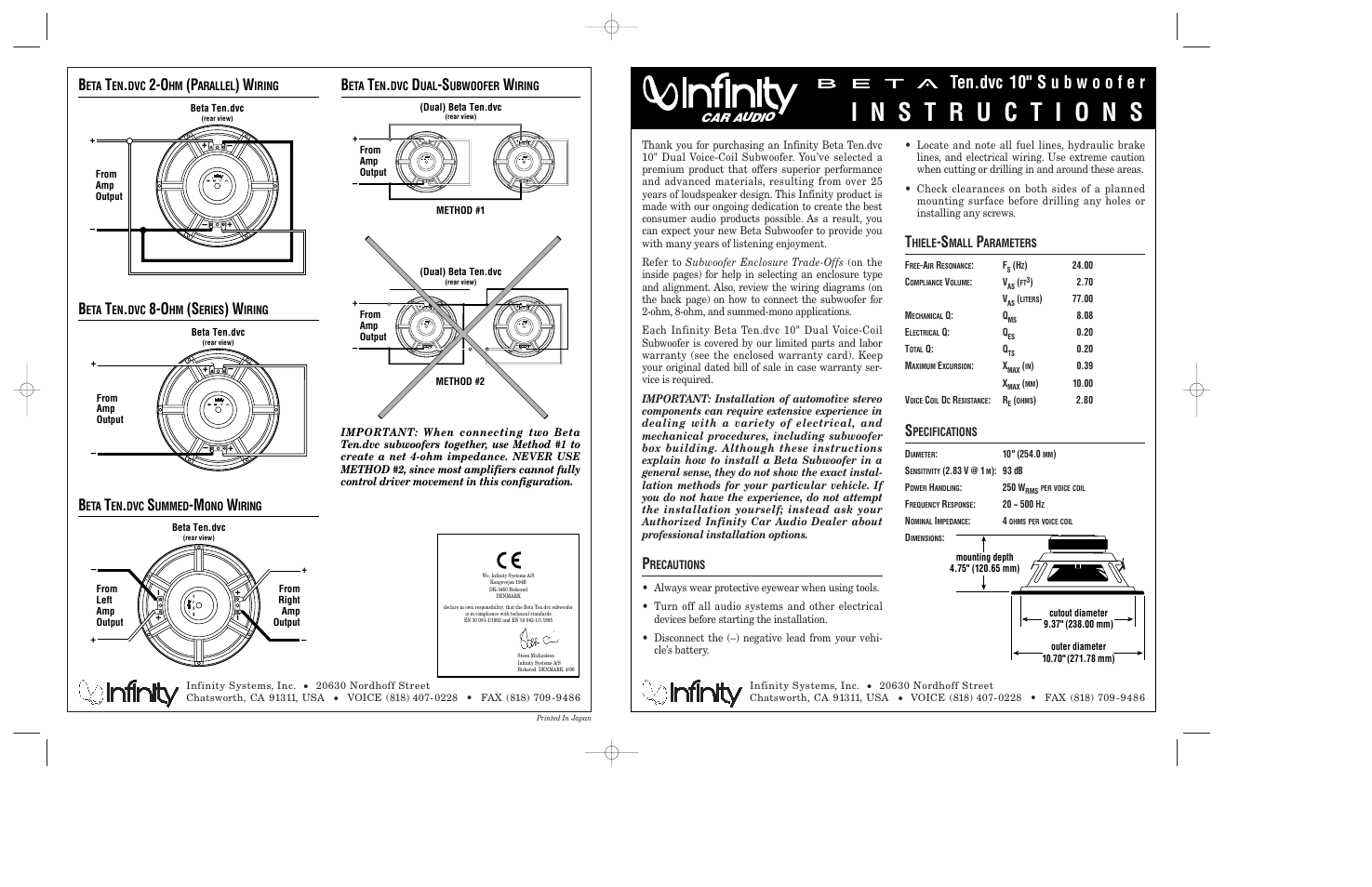 Infinity 10" Dual Voice-Coil Subwoofer Beta Ten.dvc User Manual | 2 pages