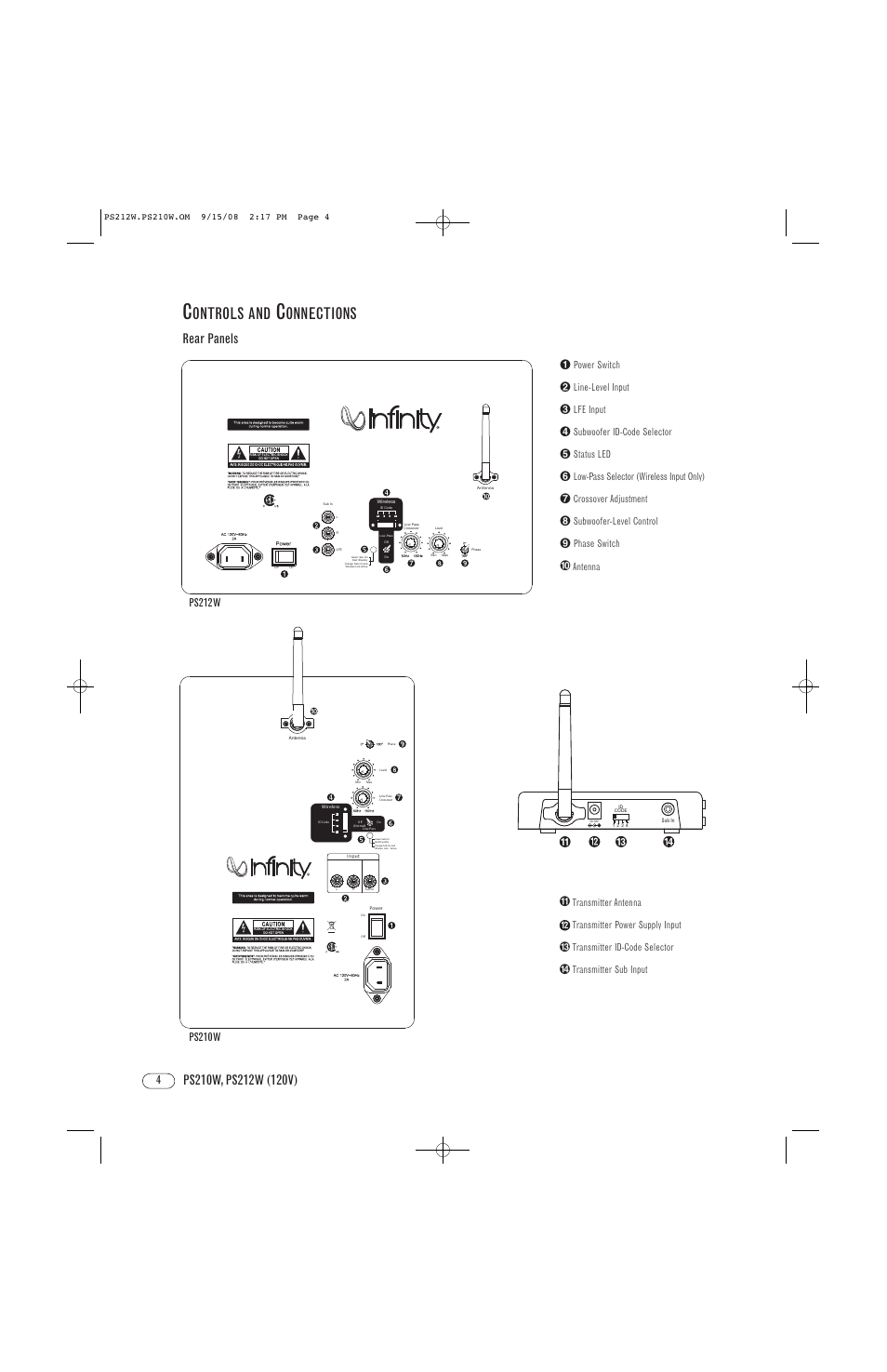 Ontrols and, Onnections | Infinity PS212W User Manual | Page 4 / 8
